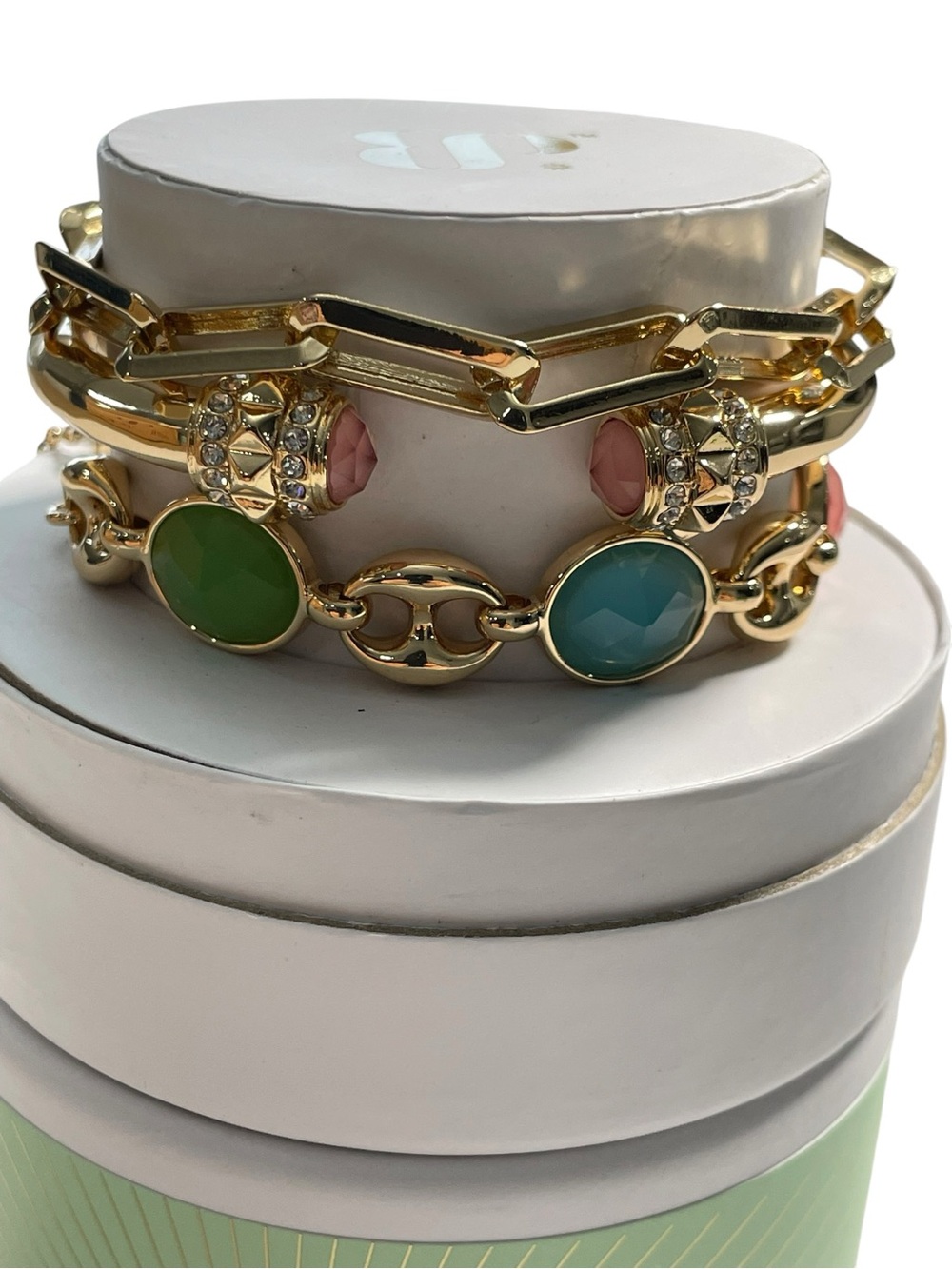 Bomb Party Spring Stacks “Link Me Up Diva” Gold/Gemstones & Mother of Pearl NIB